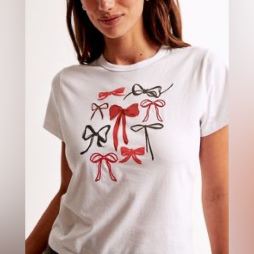 Abercrombie & Fitch White Tee with Red and Black Bow Design
